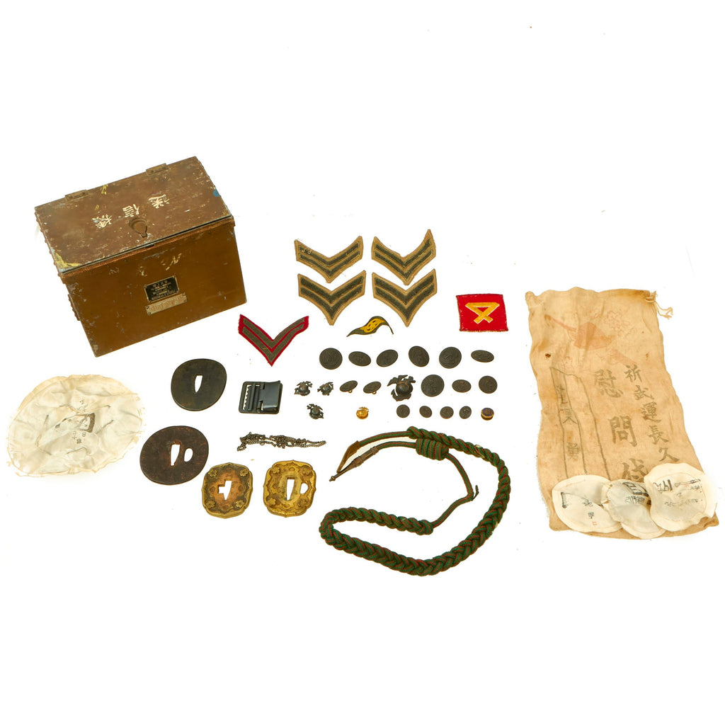 Original WWII 4th Marine Division Bringback Grouping- Samurai Sword Tsubas, Insignia, etc in Japanese Military Metal Box Original Items