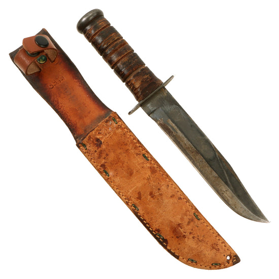 Original U.S. WWII USN Mark 2 KA-BAR Blade Marked Fighting Knife with Heavily Worn Leather Scabbard by Boyt - Dated 1943 - Replaced Securing Strap Original Items