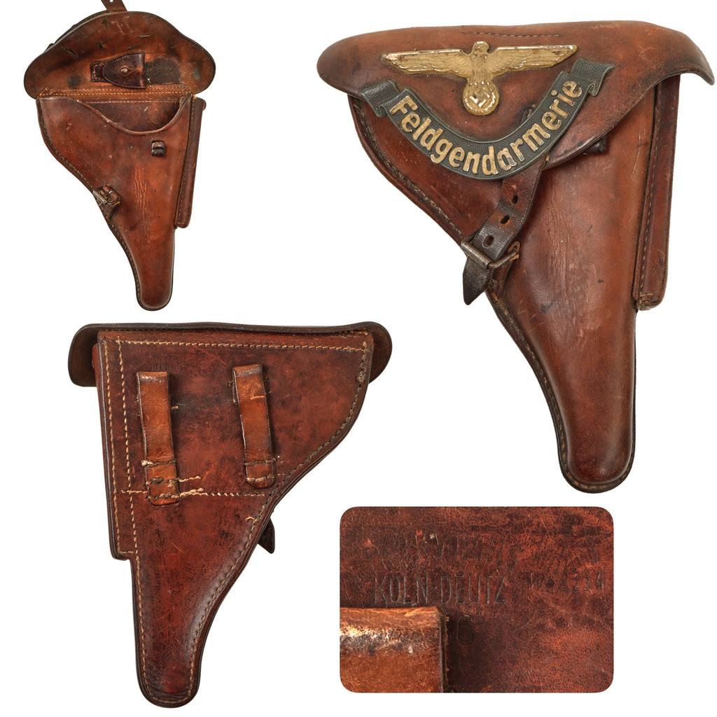 Original German Pre WWII P.08 Luger Pistol Brown Leather Hardshell Holster by Fr & K. Voegels with Attached Feldgendarmerie Gorget Insignia - Dated 1936 Original Items