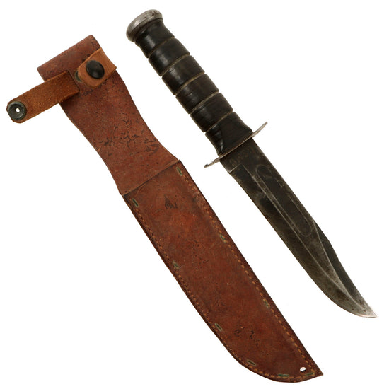 Original U.S. WWII USMC Early Blade-Marked Mark 2 KA-BAR Fighting Knife in Leather Sheath Original Items