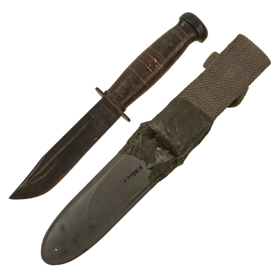 Original U.S. WWII Navy USN Mark 1 Fighting Knife by CAMILLUS with Mk1 Scabbard & Throat Wrap Original Items