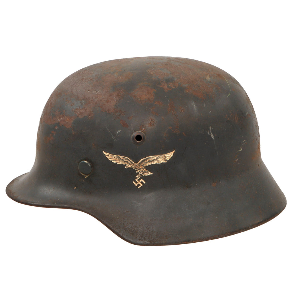 Original German WWII Luftwaffe M35 Double Decal Steel Helmet with 1938 Dated 57cm Liner & Chinstrap - Stamped EF64 Original Items