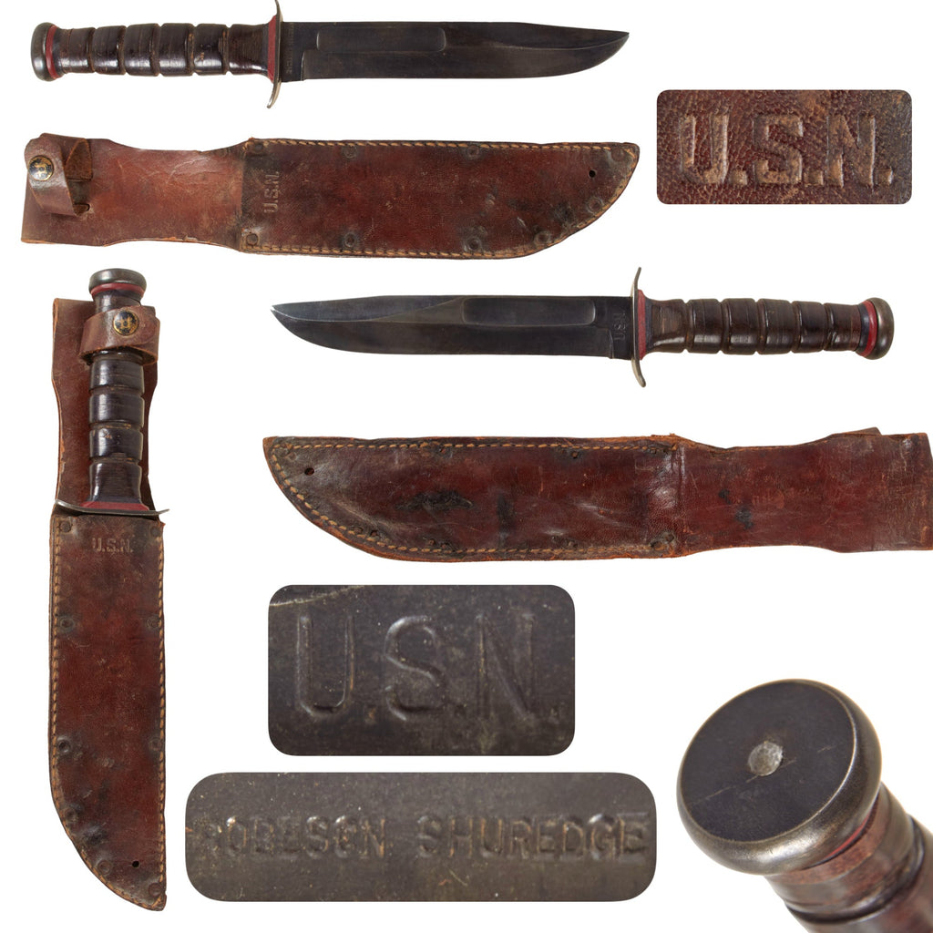 Original U.S. WWII USN Red Spacer Mark 2 KA-BAR Fighting Knife by Robeson Cutlery with USN Leather Sheath Original Items