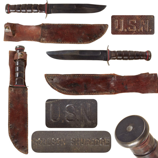 Original U.S. WWII USN Red Spacer Mark 2 KA-BAR Fighting Knife by Robeson Cutlery with USN Leather Sheath Original Items