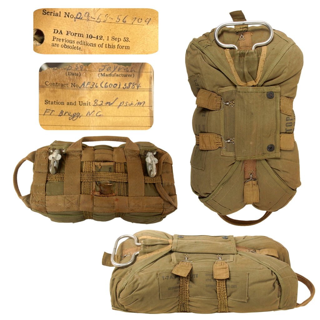 Original U.S. Post-Korean War Era T7A Reserve Parachute with Original Damaged Parachute Log Record Showing Use by 82nd Airborne Division in 1960s Original Items
