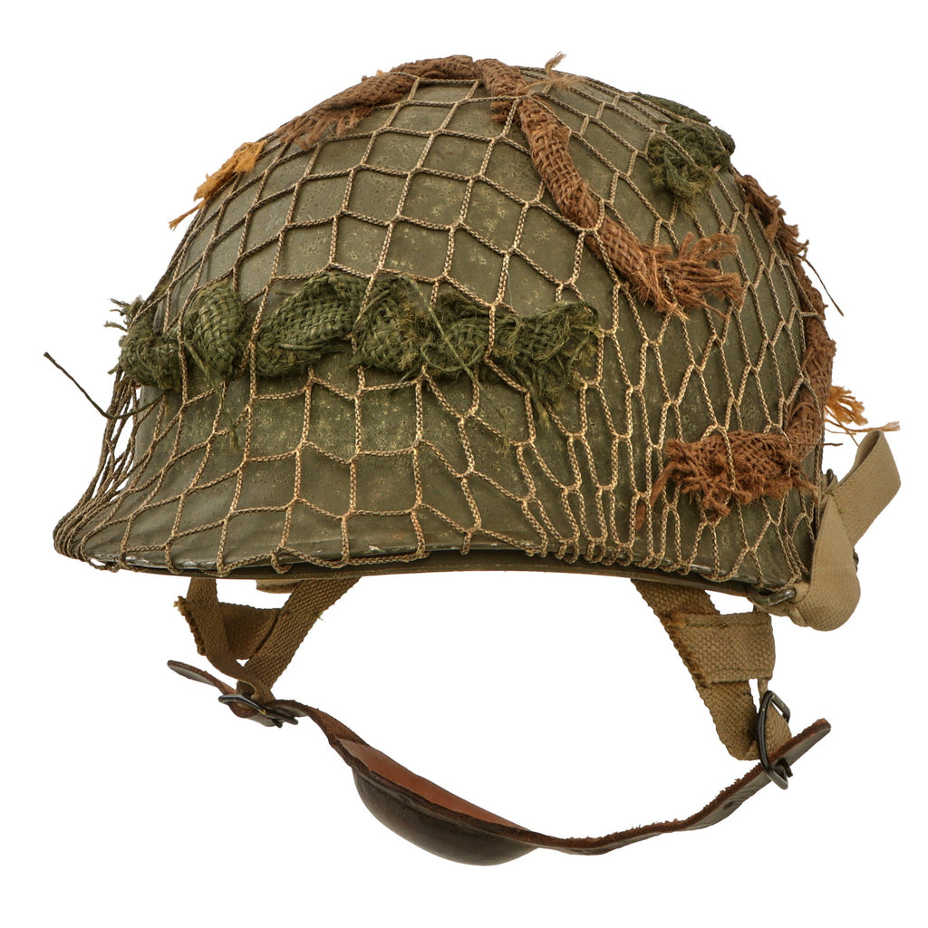 Original U.S. WWII M1 Helmet Converted by Collector to Paratrooper Helmet with Net & Scrim Original Items