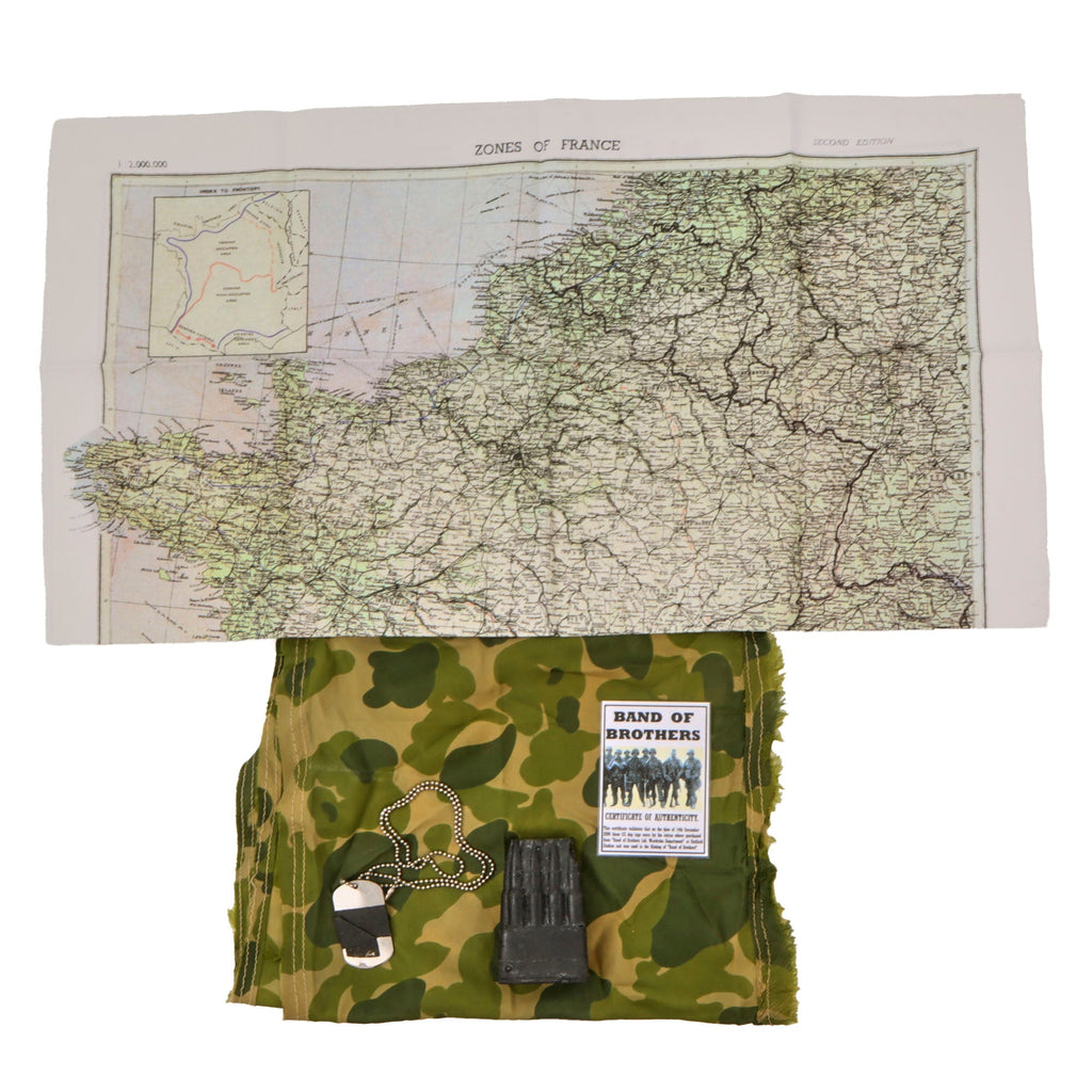 Original U.S. Band of Brothers Dog Tag Set, Rubber M1 Garand Clip, Parachute Material “Scarf”, and Map Used in Show Original Items