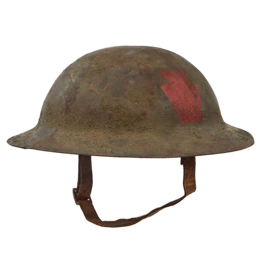 Original U.S. WWI Rare 28th “Keystone” Division Pennsylvania National Guard British-Made Mk 1 Doughboy Helmet with Combat-Cut Chinstrap & Weak Liner Original Items