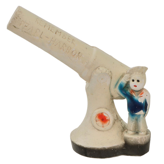 Original U.S. WWII Patriotic “Remember Pearl Harbor” Painted Metal Statue of Sailor and Naval Gun - 10 ¾” Tall Original Items
