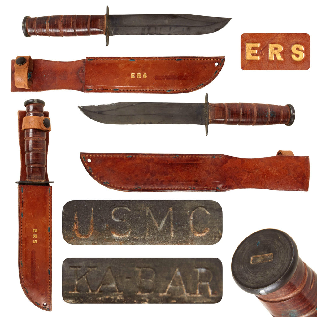 Original U.S. WWII USMC Early Blade-Marked Mark 2 KA-BAR Fighting Knife in Leather Sheath Embossed in Gold with Owner’s Initials Original Items