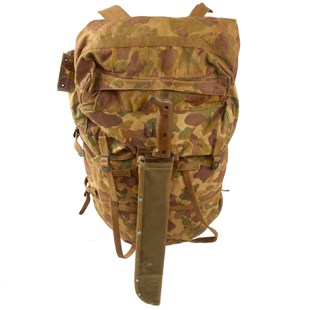 Original U.S. WWII M1942 Frogskin Camouflage Jungle Pack by Carter Bros with Attached TrueTemper Machete in Sheath - Dated 1943 Original Items