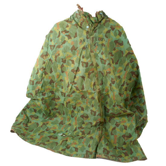 Original U.S. WWII USMC Extremely Worn and Torn Shelter Half Poncho with Airman School Stencils - Very Large Tear in Material - Reversible Camouflage Original Items