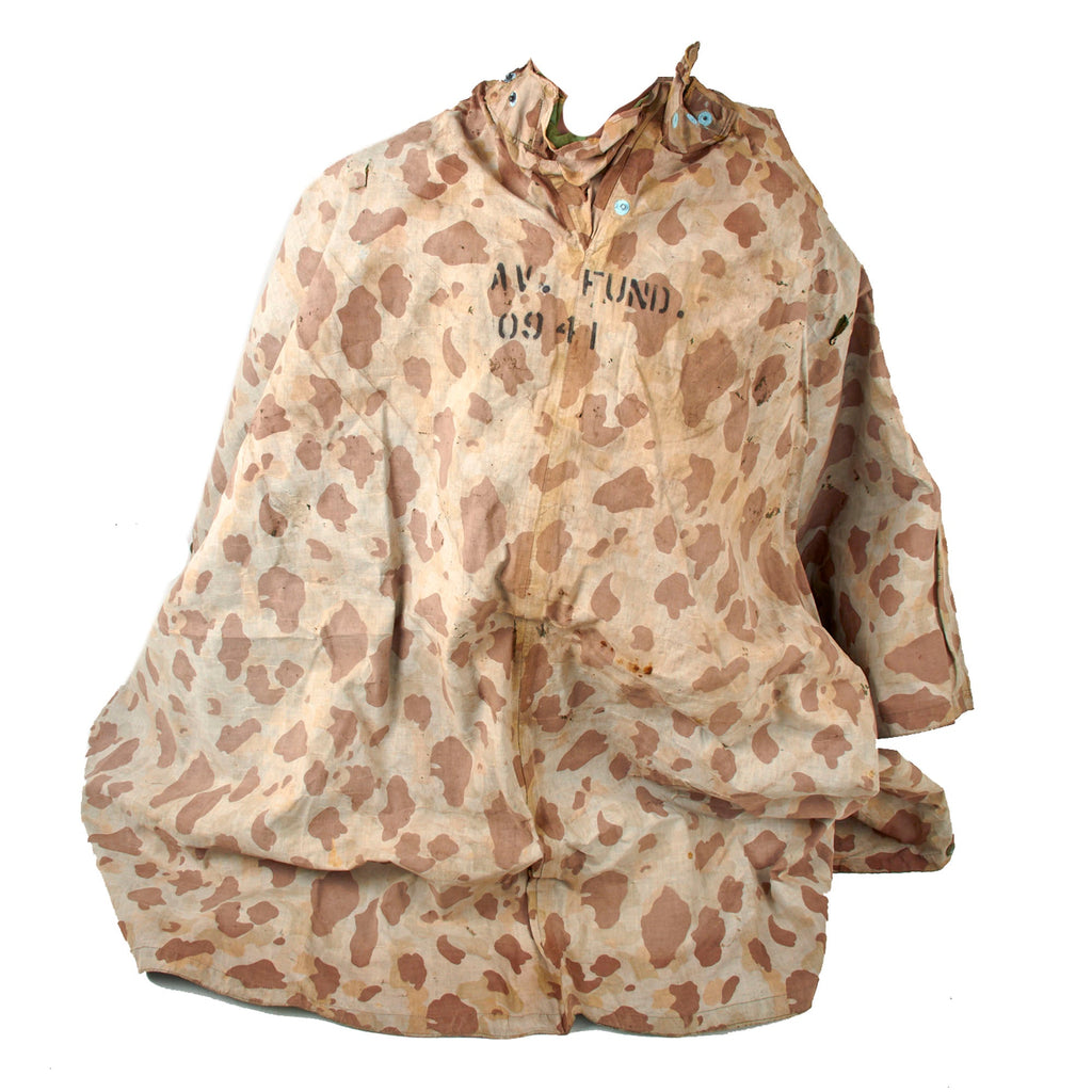 Original U.S. WWII USMC Extremely Worn and Torn Shelter Half Poncho with Airman School Stencils - Very Large Tear in Material - Reversible Camouflage Original Items