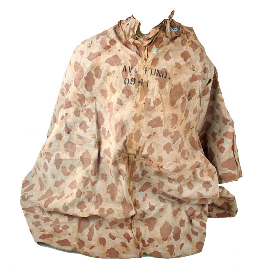 Original U.S. WWII USMC Extremely Worn and Torn Shelter Half Poncho with Airman School Stencils - Very Large Tear in Material - Reversible Camouflage Original Items