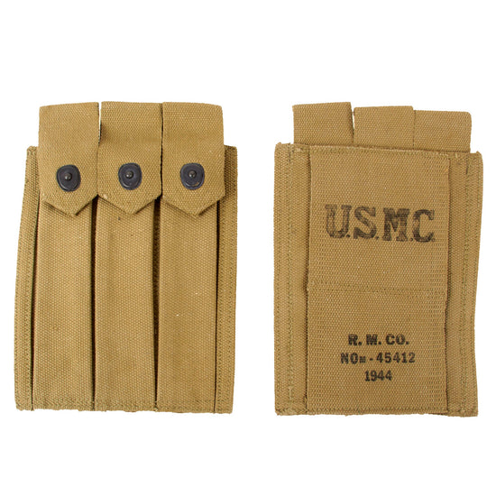 Original U.S. WWII USMC Set of Two 1944 Dated Thompson .45 Submachine Gun Magazine Pouches by Russell Mfg. Co. Original Items