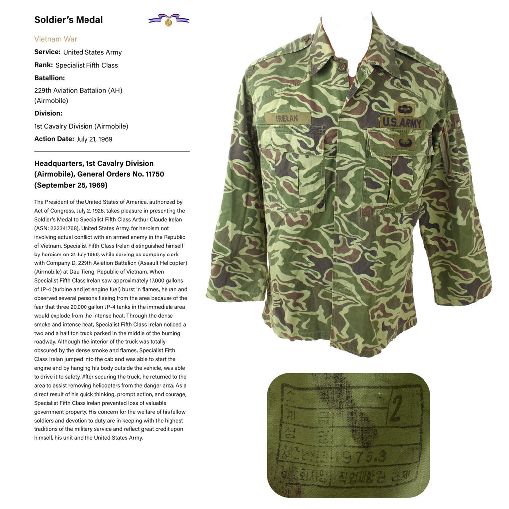 Original U.S. Vietnam War Named Republic of Korea Special Forces American-Issued Camouflage Uniform Jacket - Arthur Claude Irelan - Dated 1975 Original Items