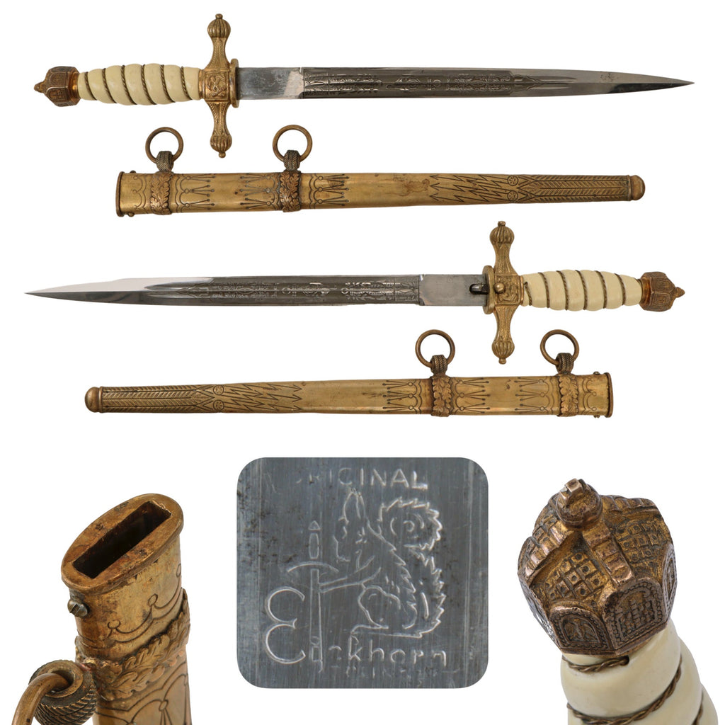 Original WWII German 2nd Model Naval Dagger by Carl Eickhorn with Lightning Bolt Scabbard & Imperial Crown Pommel Original Items