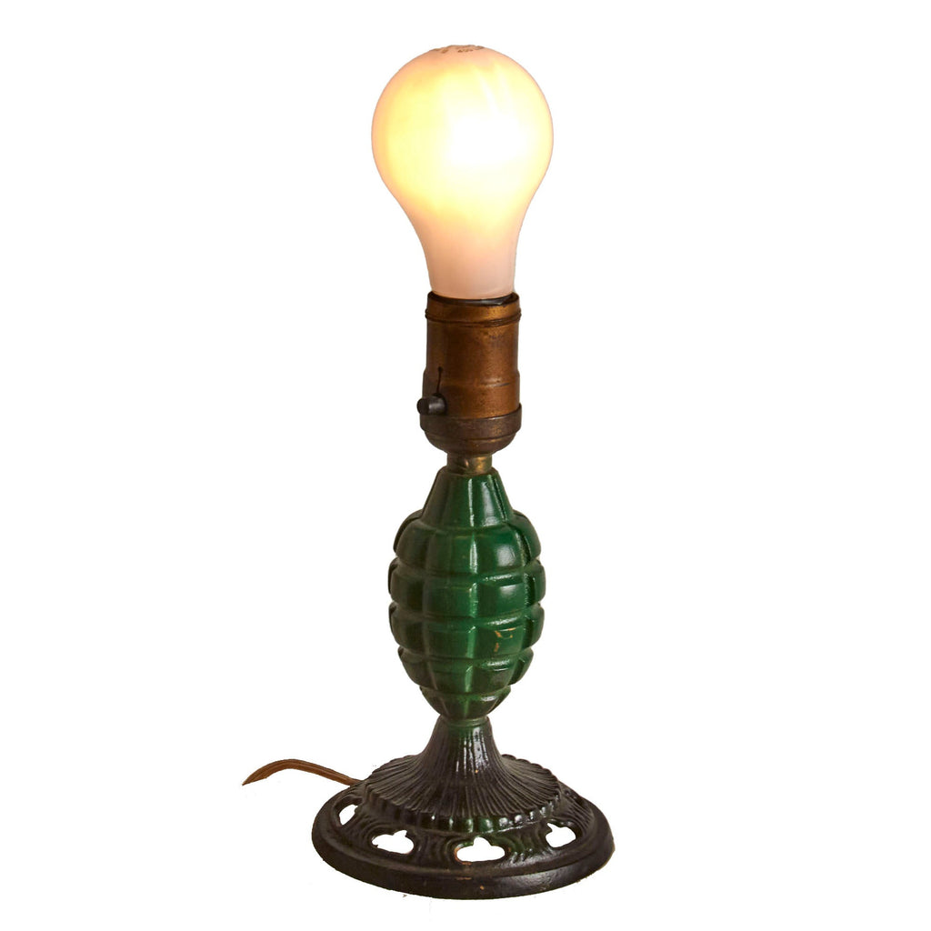 Original U.S. WWII Mk. II Grenade Body Trench Art Lamp with Cast Iron Base - Functional Original Items