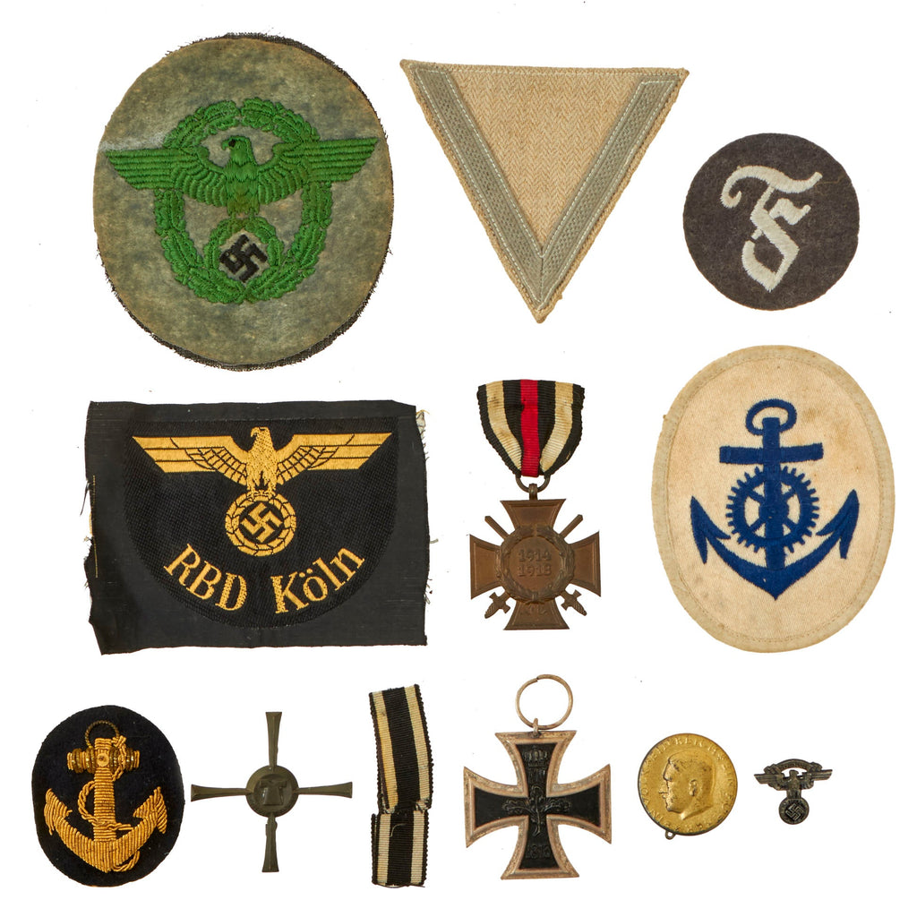 Original German WWI - WWII Award and Insignia Grouping with 1914 EKII, Hindenburg Cross, Police Sleeve Eagle, and More - 11 Items Original Items