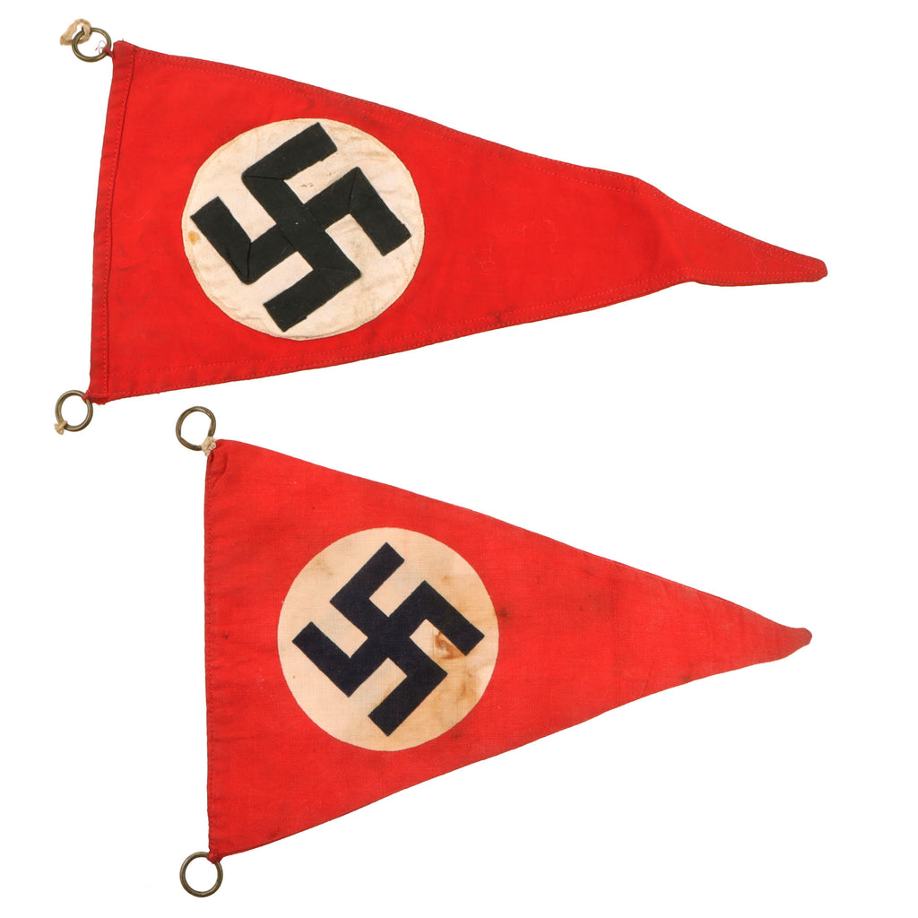 Original German WWII Pair of Small NSDAP Double Sided Wimpel Pennant Flags with Brass Suspension Rings, 6" x 9" and 5 3/4" x 11 1/2" Original Items