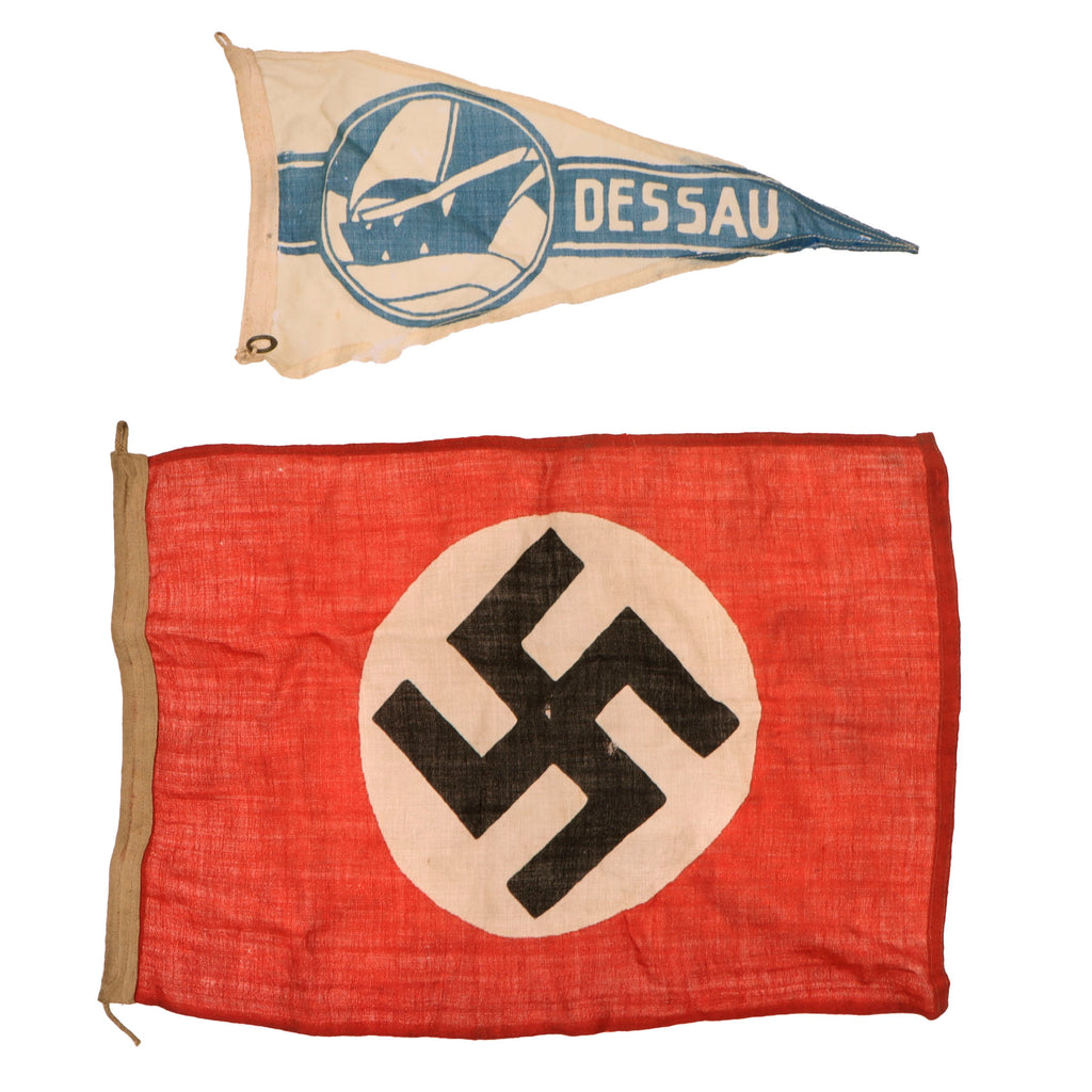 Original German WWII Set of Two Flags: 7 1/4" x 14" Dessau Sailing Pennant and 12" x 17 1/2" Small NSDAP Flag