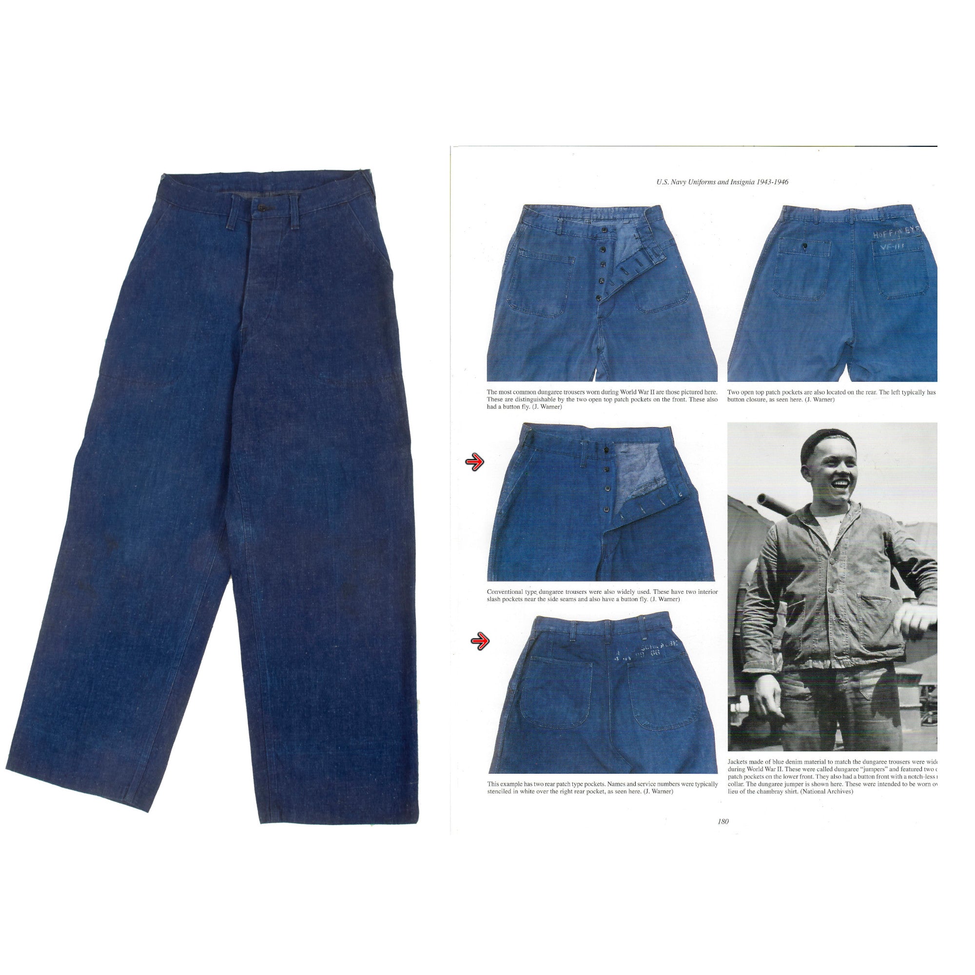 Original U.S. WWII US Navy Bell Bottom Denim Dungaree Trousers As Featured  In Reference Book - Jeff Warner Volume 5, Page 180