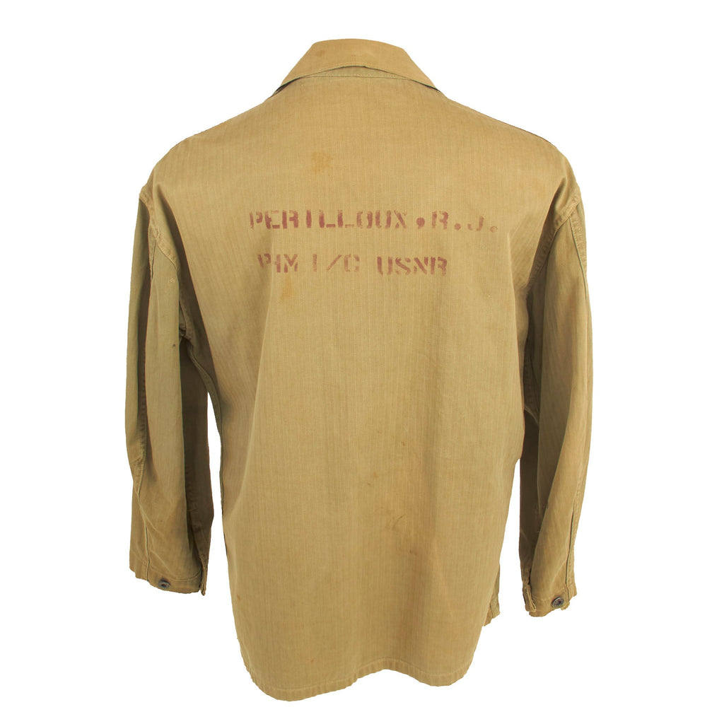 Original U.S. WWII USMC HBT Herringbone Twill P41 Combat Jacket Named To Navy Corpsman Wounded Multiple Times Before and During Battle of Peleliu - Pharmacist’s Mate 1st Class Reed J. Perilloux Original Items