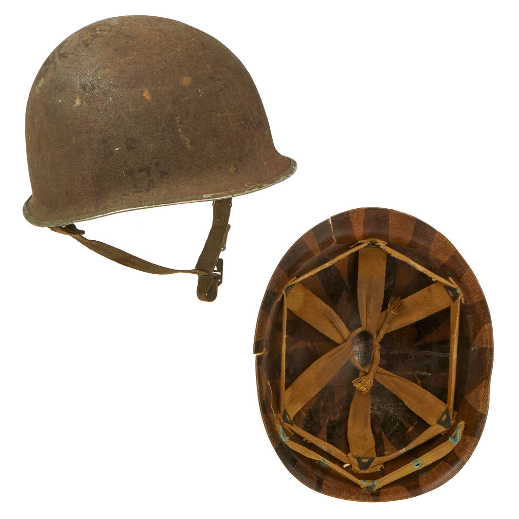 Original U.S. WWII 1943 M1 Schlueter Fixed Bale Front Seam Helmet with Damaged Staff Sergeant’s CAPAC Liner Original Items