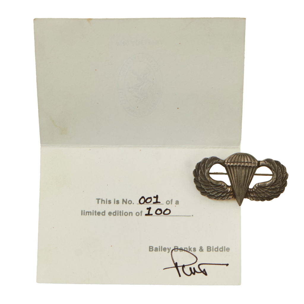 Original U.S. Post-WWII Bailey, Banks & Biddle Co. Sterling Paratrooper Wings with Limited Edition Certificate - No. 001/100 Original Items