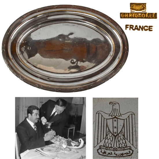 Original Iraq War Saddam Hussein Silver Plated Formal Pattern Serving Tray with Iraq Coat of Arms - From Basra Airport - Christofle Silver Original Items