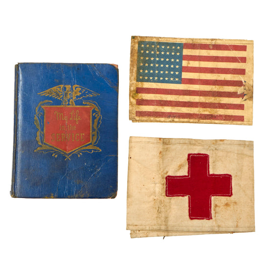 Original U.S. WWII Operation Torch Allied Invasion of North Africa “Invasion” and Red Cross Armband Set With My Life In The Service Diary - Named to Technician 5th Grade Samuel W. Dougan, Military Police Battalion / Evacuation Hospital Units Original Items