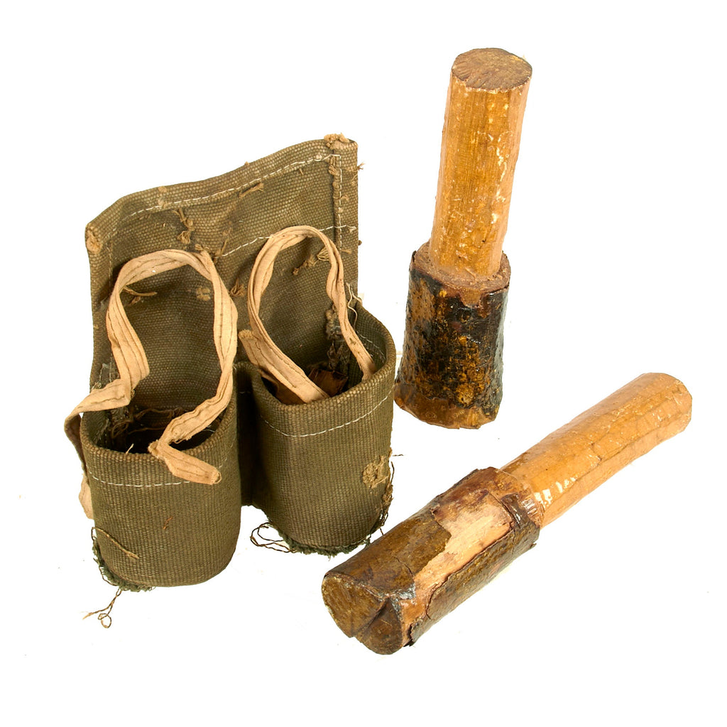 Original Vietnam War NVA / VC North Vietnamese Inert Full Wooden Training ChiCom Stick Fragmentation Grenade Set with Carrier Pouch Original Items