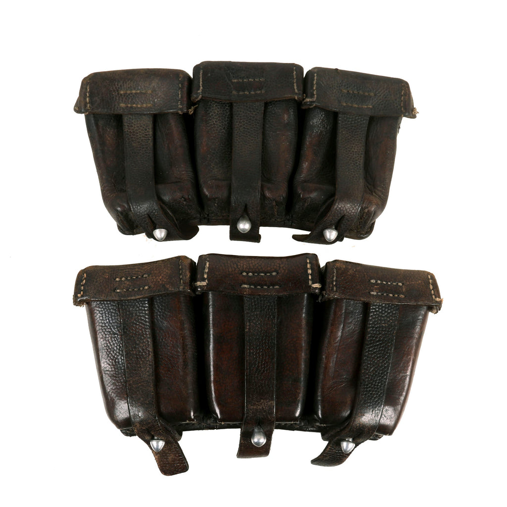 Original German WWII Naval Brown Leather Mauser 98k Triple Pouch Lot with Kriegsmarine Markings - Lot of 2 Original Items