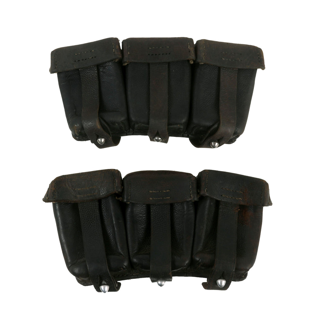 Original German WWII Naval Black Leather Mauser 98k Triple Pouch Lot with Kriegsmarine Markings Dated 1938 & 1940 - 2 items Original Items