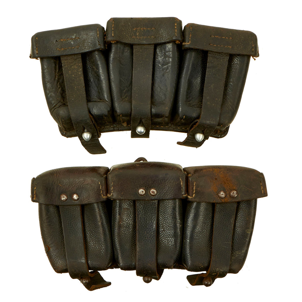 Original German WWII Naval Brown Leather Mauser 98k Triple Pouch Lot with Kriegsmarine Markings dated 1939 & 1942 - 2 items Original Items