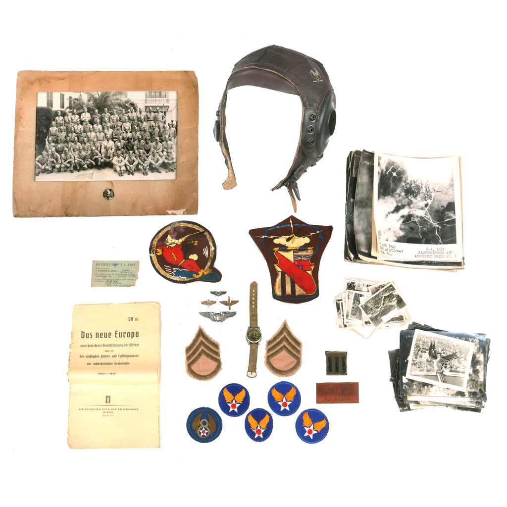 Original U.S. WWII 715th Bomb Squadron Grouping - Painted Squadron & Group Patches - Flight Helmet & Ephemera Original Items