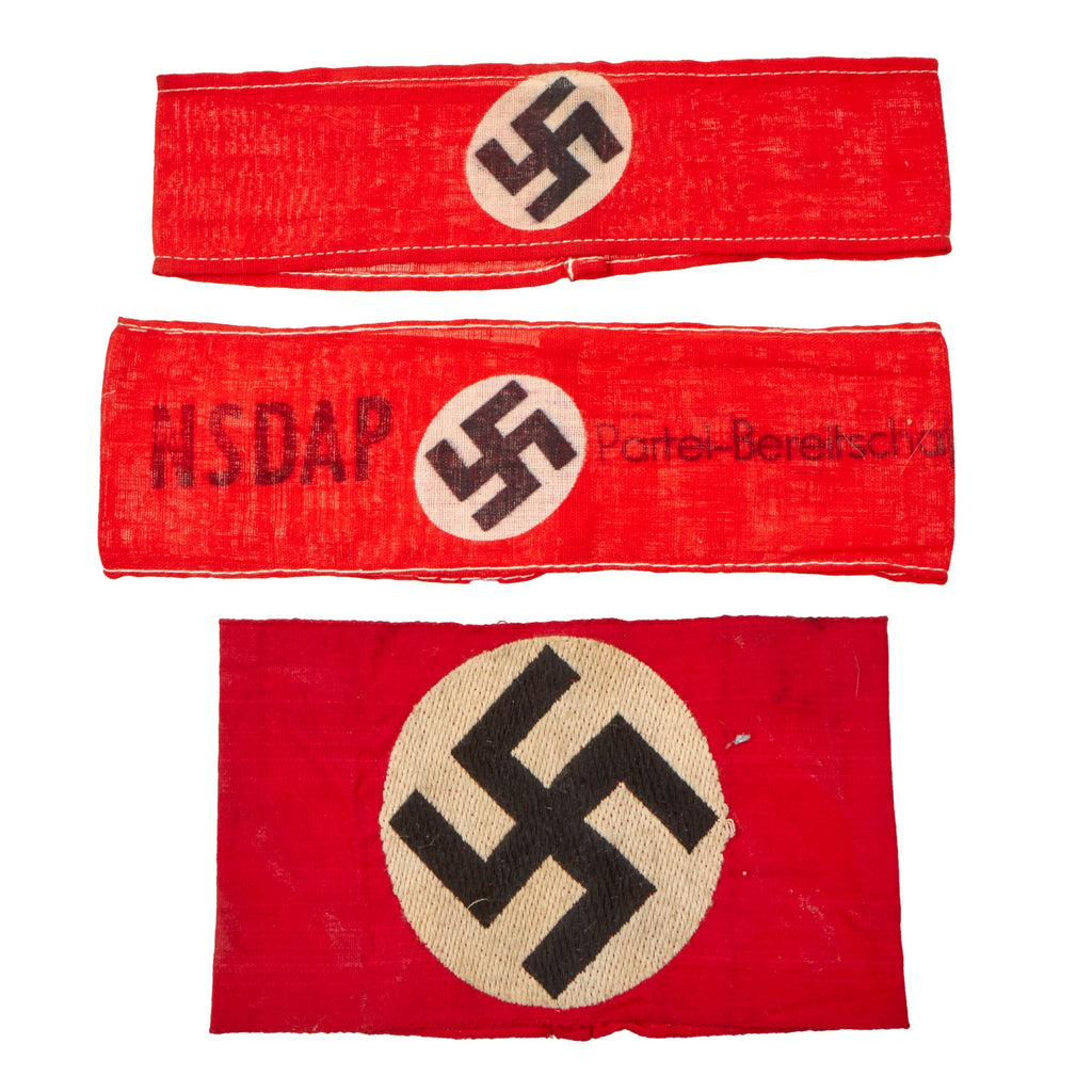 Original German WWII Set of Three NSDAP Armbands - BeVo Embroidered with RZM Tag, Overcoat, and Party Readiness Original Items