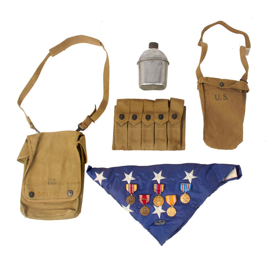 Original U.S. WWII Field Gear Lot - Burial Flag with Attached Medals & Paratrooper Wings, Map Case - 5 Items Total Original Items