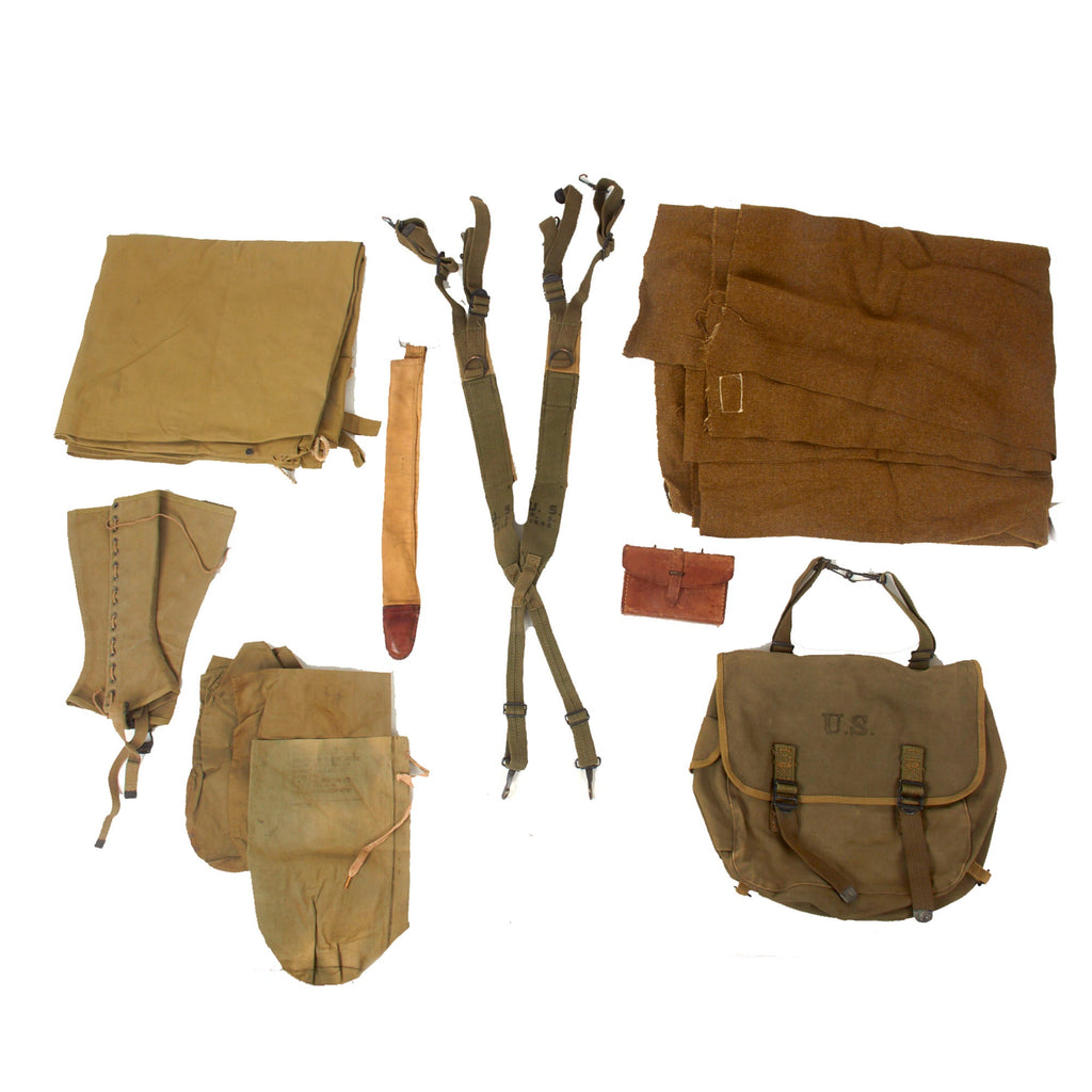 Original U.S. WWII Field Gear Lot - Shelter Half & M1905 Bayonet Scabbard Cover - 8 Items Total Original Items