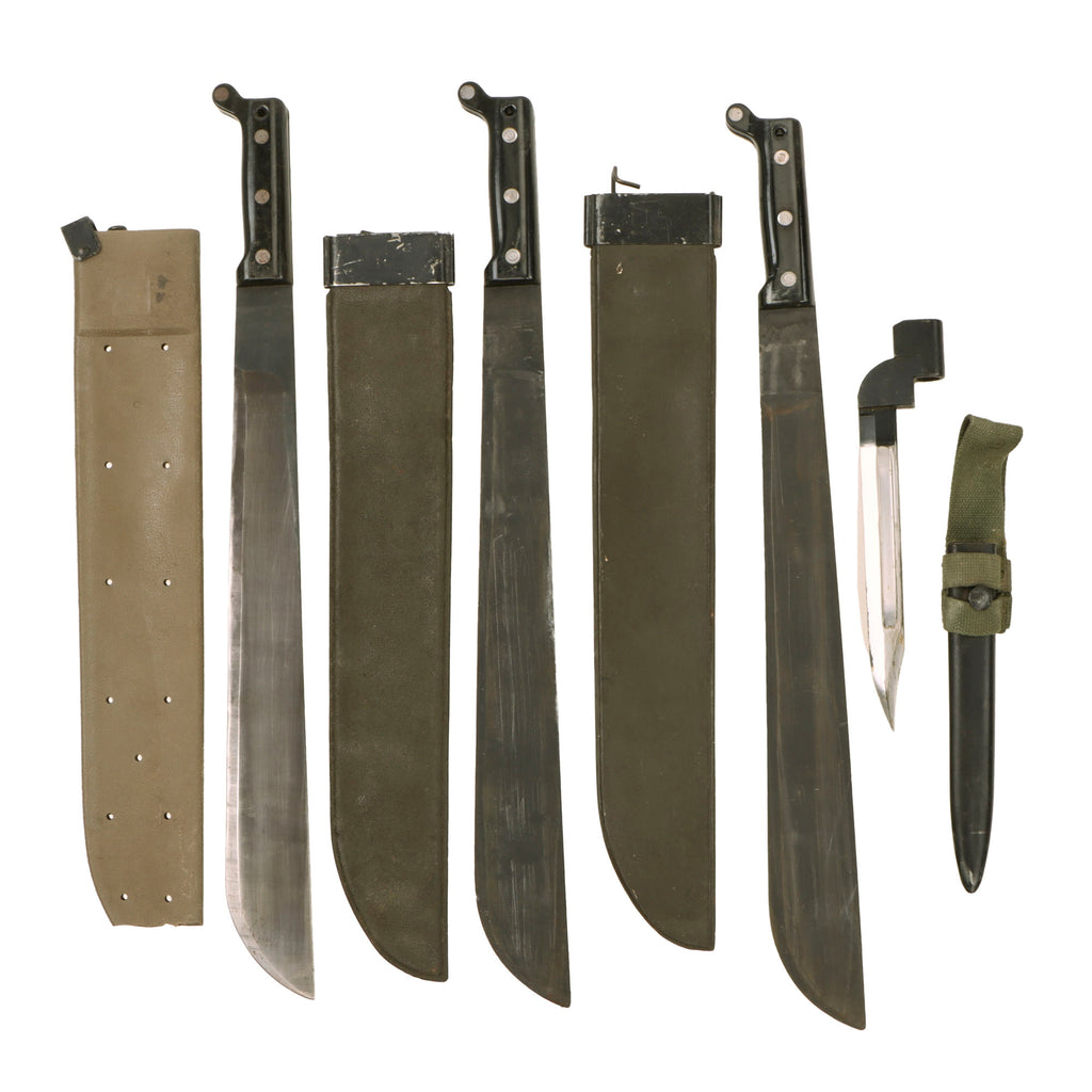 Original U.S. & British Vietnam War Machete & Bayonet Lot - Three U.S. Machetes & No. 9 Bayonet for No. 4 Mk. 2 Lee Enfield