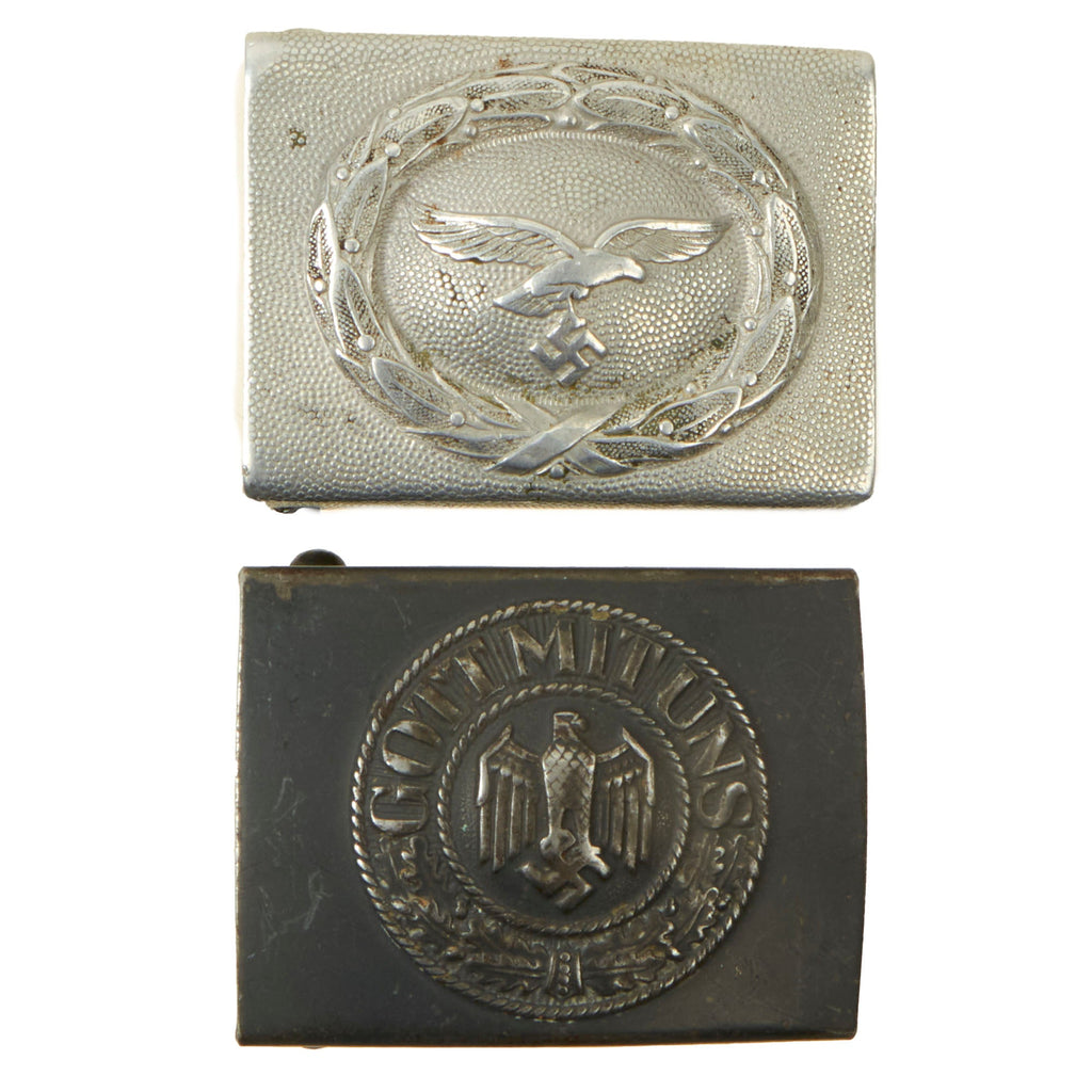 Original German WWII Set of Two EM/NCO Belt Buckles - One Pebbled Aluminum Luftwaffe and One Kriegsmarine Coastal Artillery Original Items