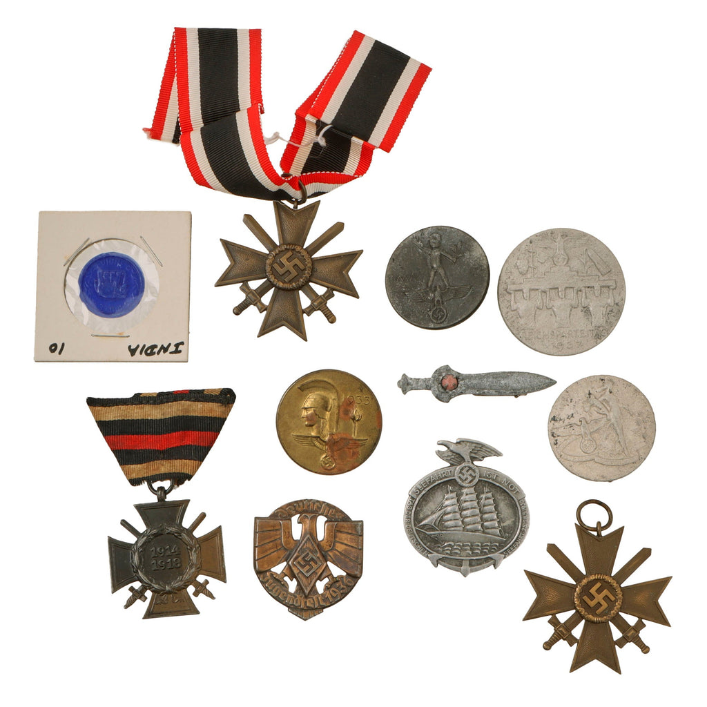 Original German WWI - WWII Award and Tinnie Grouping with Two KvKII, Hindenburg Cross, & More - 11 Items Original Items