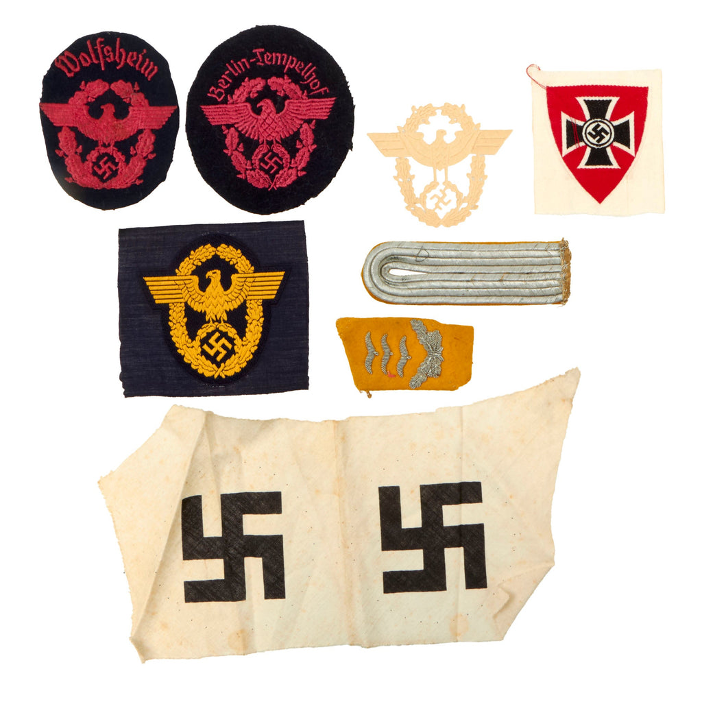 Original German WWII Patch and Insignia Grouping with Police Sleeve Eagles and More - 8 Items Original Items