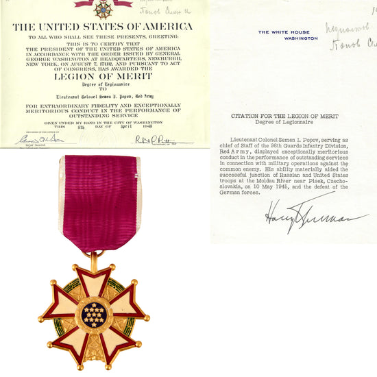 Original U.S. WWII Legion of Merit Awarded to Soviet Lieutenant Colonel Semen I. Popov with Citation Signed by President Truman Original Items