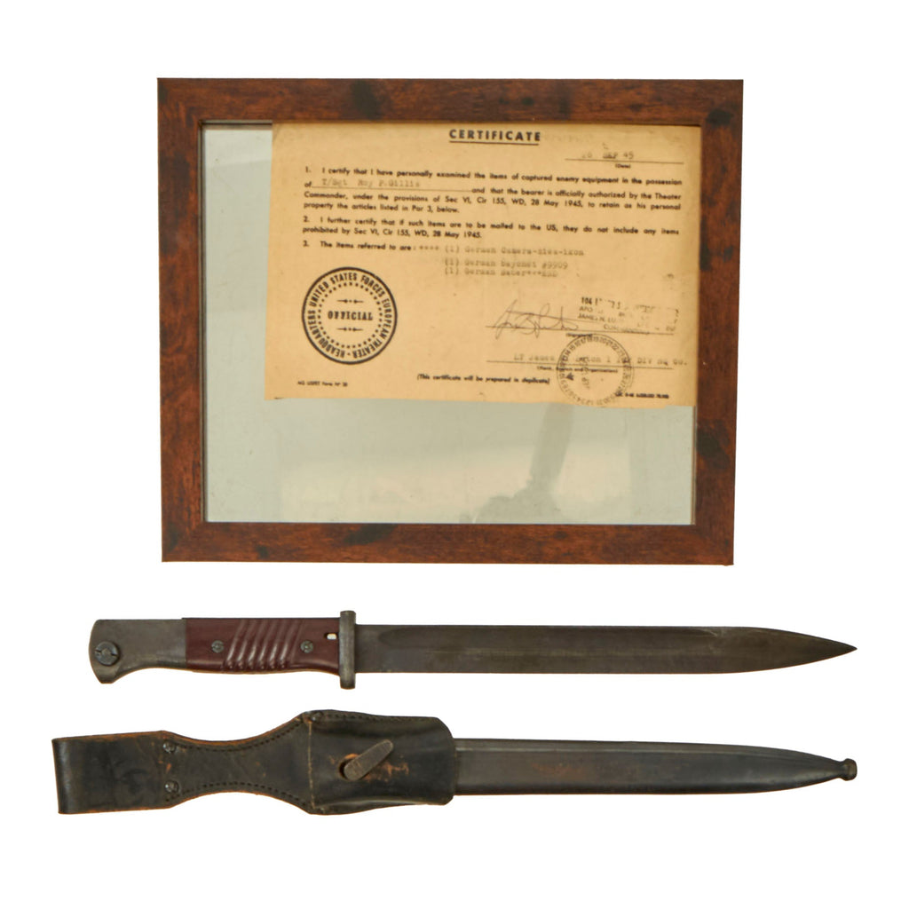 Original German WWII Documented USGI Bring Back 98k 1944 dated Bayonet by Carl Eickhorn with Re-worked WWI Scabbard and Frog Original Items