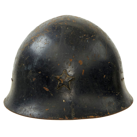 Original Japanese WWII “Night Raid” Black Painted Type 90 Army Helmet with Complete Liner and Chinstrap - Tetsubo Original Items