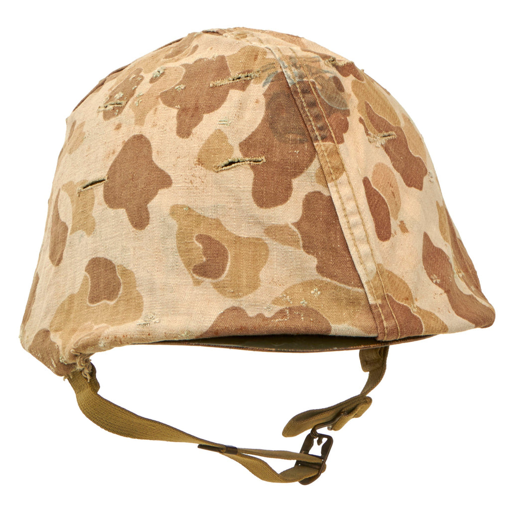 Original U.S. WWII/Korean War M1 Schlueter Front Seam Fixed Bale Helmet with CAPAC Liner and Blue Anchor 1953 USMC Cover With Stenciled Eagle, Globe and Anchor Original Items