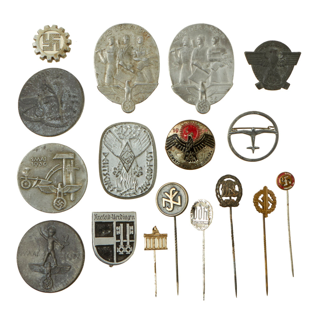 Original German WWII USGI Bring Back Tinnie Event Badge and Stickpin Grouping - 16 Items Original Items