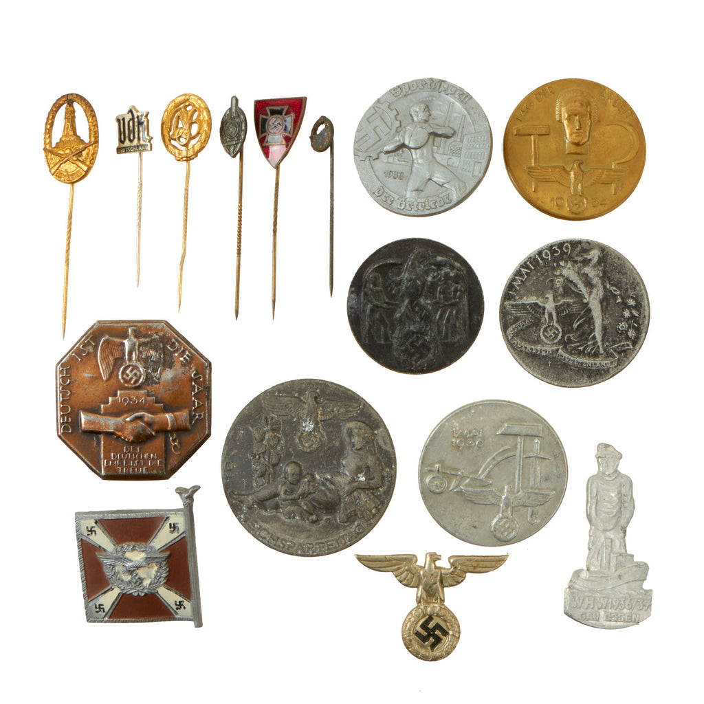 Original German WWII USGI Bring Back Tinnie Event Badge and Stickpin Grouping - 16 Items Original Items