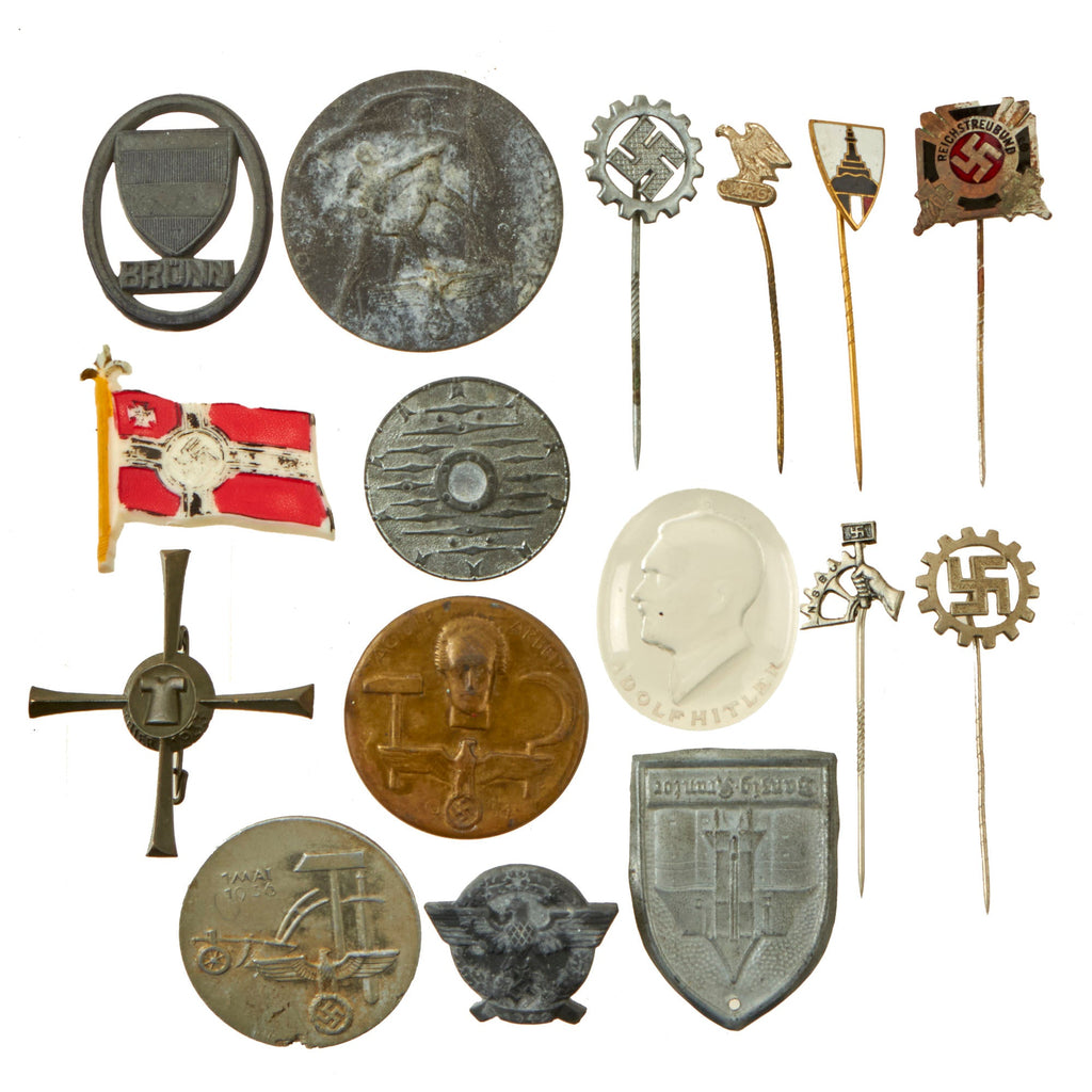 Original German WWII USGI Bring Back Tinnie Event Badge and Stickpin Grouping - 16 Items Original Items